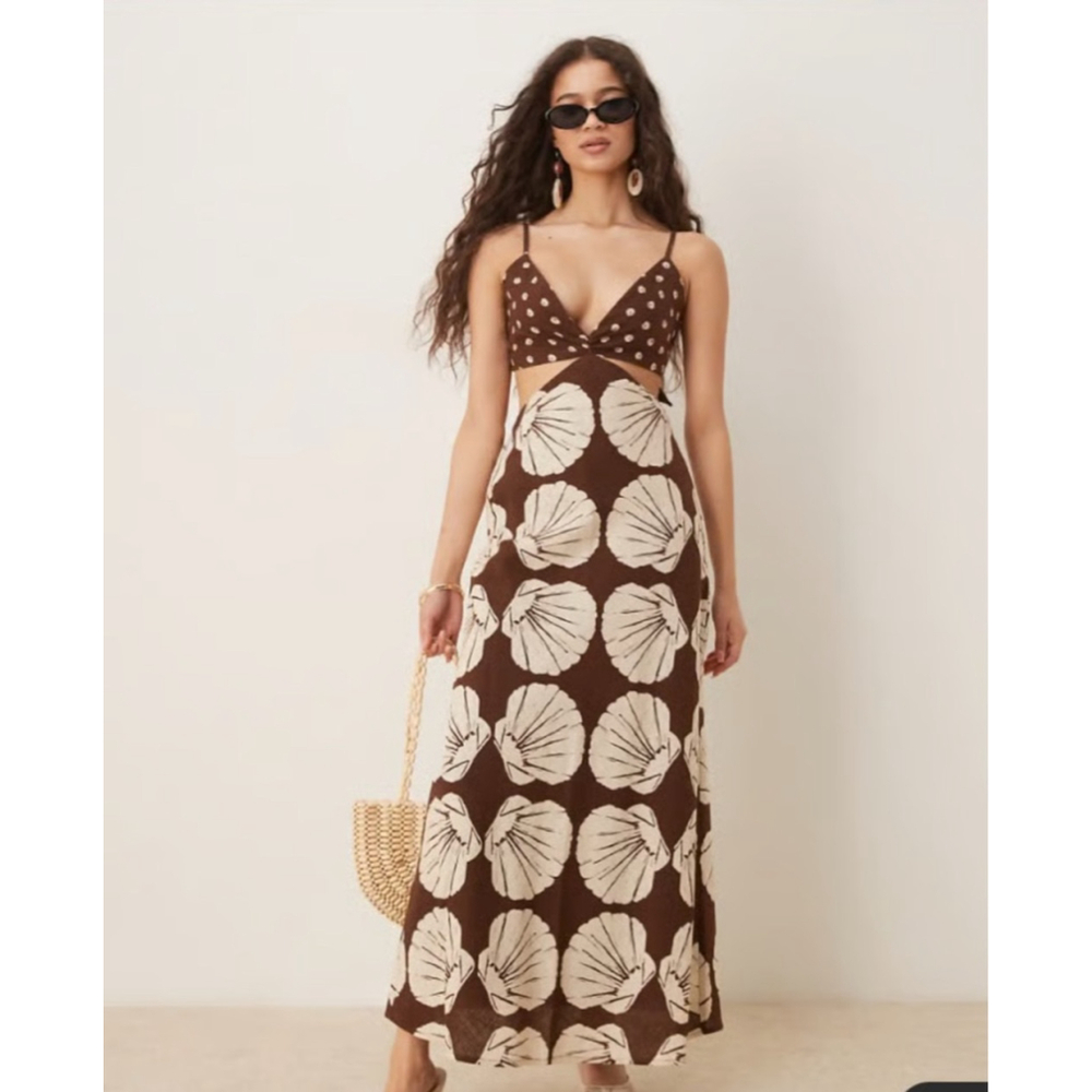 Abercrombie & Fitch Linen Blend Cutout Maxi Dress Brown Floral Print Polka Dot T